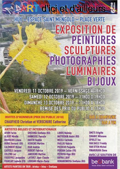 Affiche. Huy. Art d|ici et d|ailleurs. Expo de peintures, sculptures, photographies, bijoux et luminaires. 2019-10-11